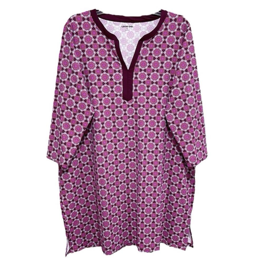 Lands End Womens Geometric Rash Guard Swim Tunic Shirt Dress XL Purple Stretch